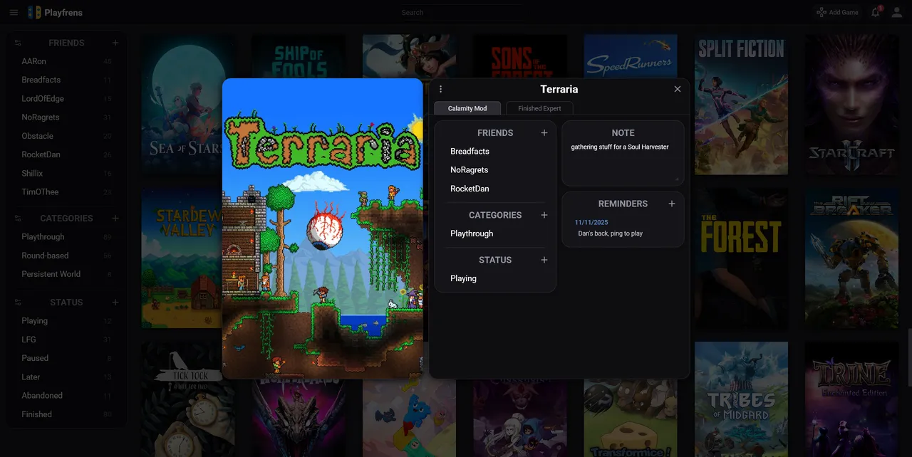 The game page of the video game Terraria, containing inputted information for the group Calamity Mod. The game page of the video game Terraria, containing inputted information for the group Calamity Mod.