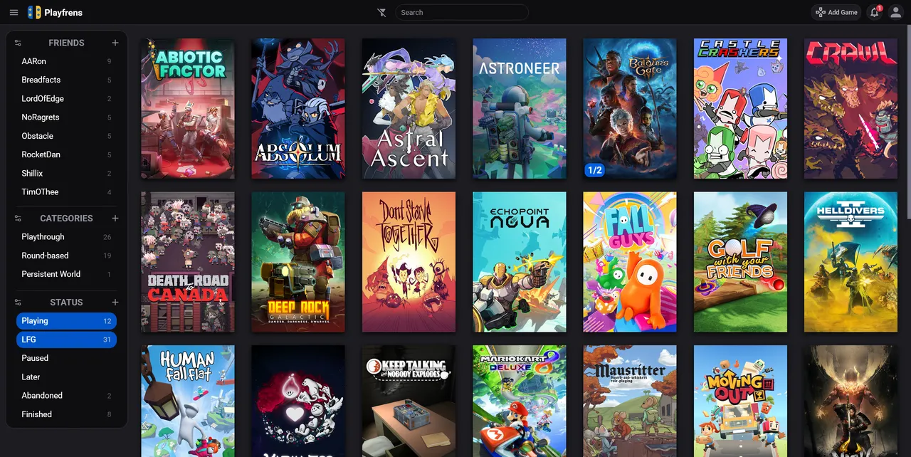 The main screen of Playfrens, showing many games. The main screen of Playfrens, showing many games.