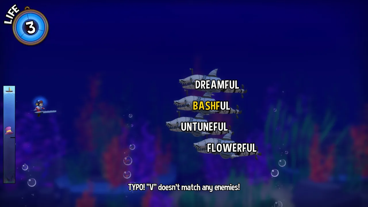 Player must type the words on the shark to zap them and avoid them reaching them. Player must type the words on the shark to zap them and avoid them reaching them.