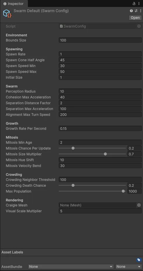 The Swarm Config with the default settings.